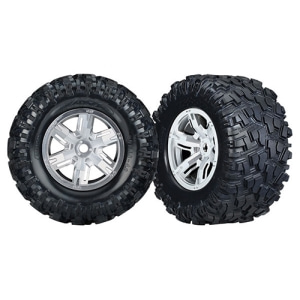 [AX7772R] Tires &amp; wheels, assembled, glued (X-Maxx satin chrome wheels, Maxx AT tires, foam inserts) (left &amp; right) (2) 