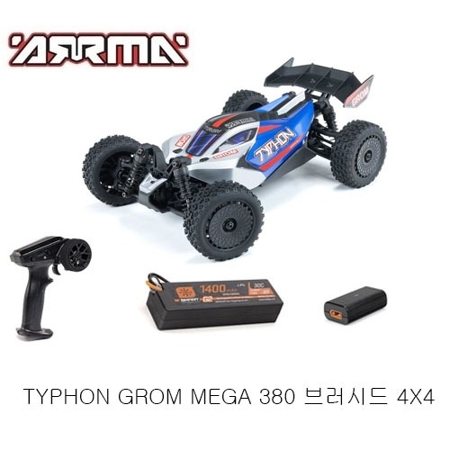 ARA2106T1 TYPHON GROM MEGA 380 브러시드 4X4 소형 버기 RTR, 배터리 및 충전기 포함, 블루/실버