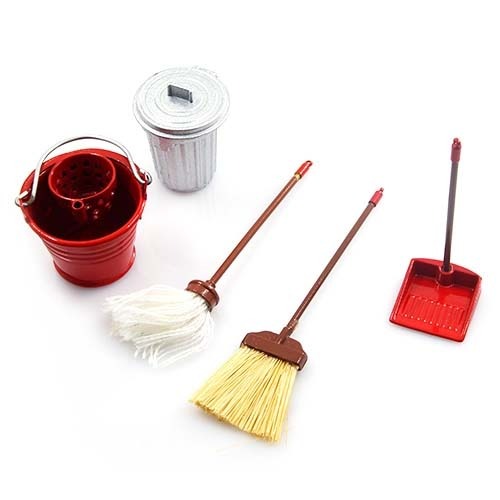 [#YA-0366] 1/10 RC Crawler Garage Accessory Combo w/ Broom, Dustpan, Mop, Water Bucket, Metal Trash Bin