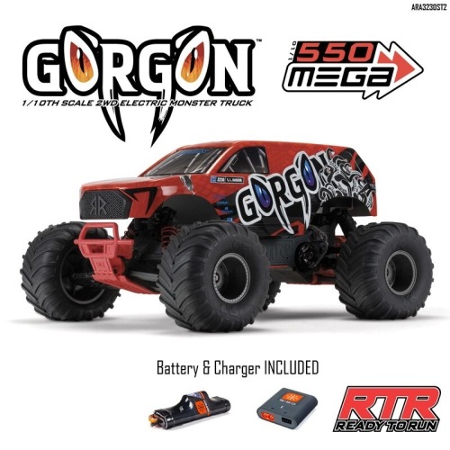 1/10 GORGON 4X2 MEGA 550 브러시드 몬스터 트럭 RTR 배터리 및 USB 충전기 포함, 빨간색